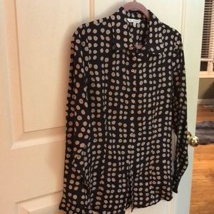 Cabi blouse 100% Silk, M. Black with tan dots.